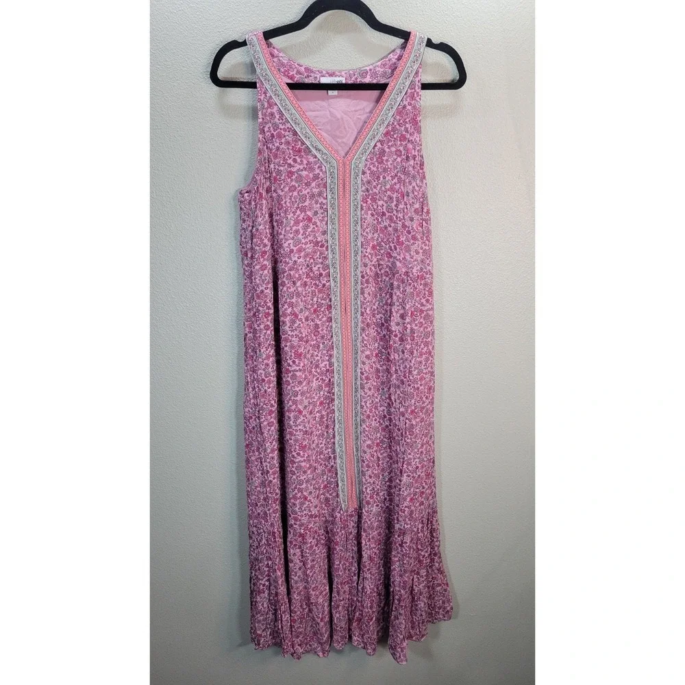 J.Jill Pink Floral Maxi Dress Size M Sleeveless Boho Tiered Rayon Cottagecore